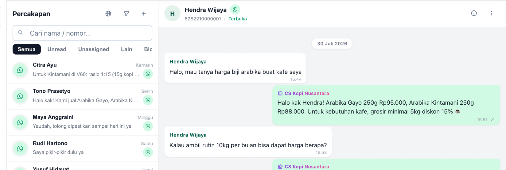 Multi-channel WhatsApp CRM inbox preview