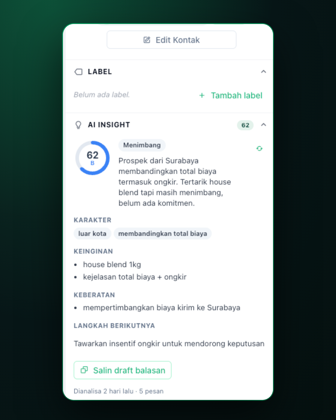 Laporan yang dulu dirakit tim Anda semalaman — sekarang terbit sendiri tiap pagi. — WhatsCRM Hub